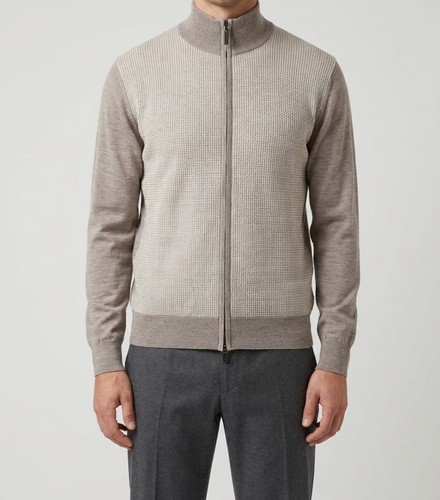 Canali Men's Beige Melange Wool Full Zip Sweater Size 52
