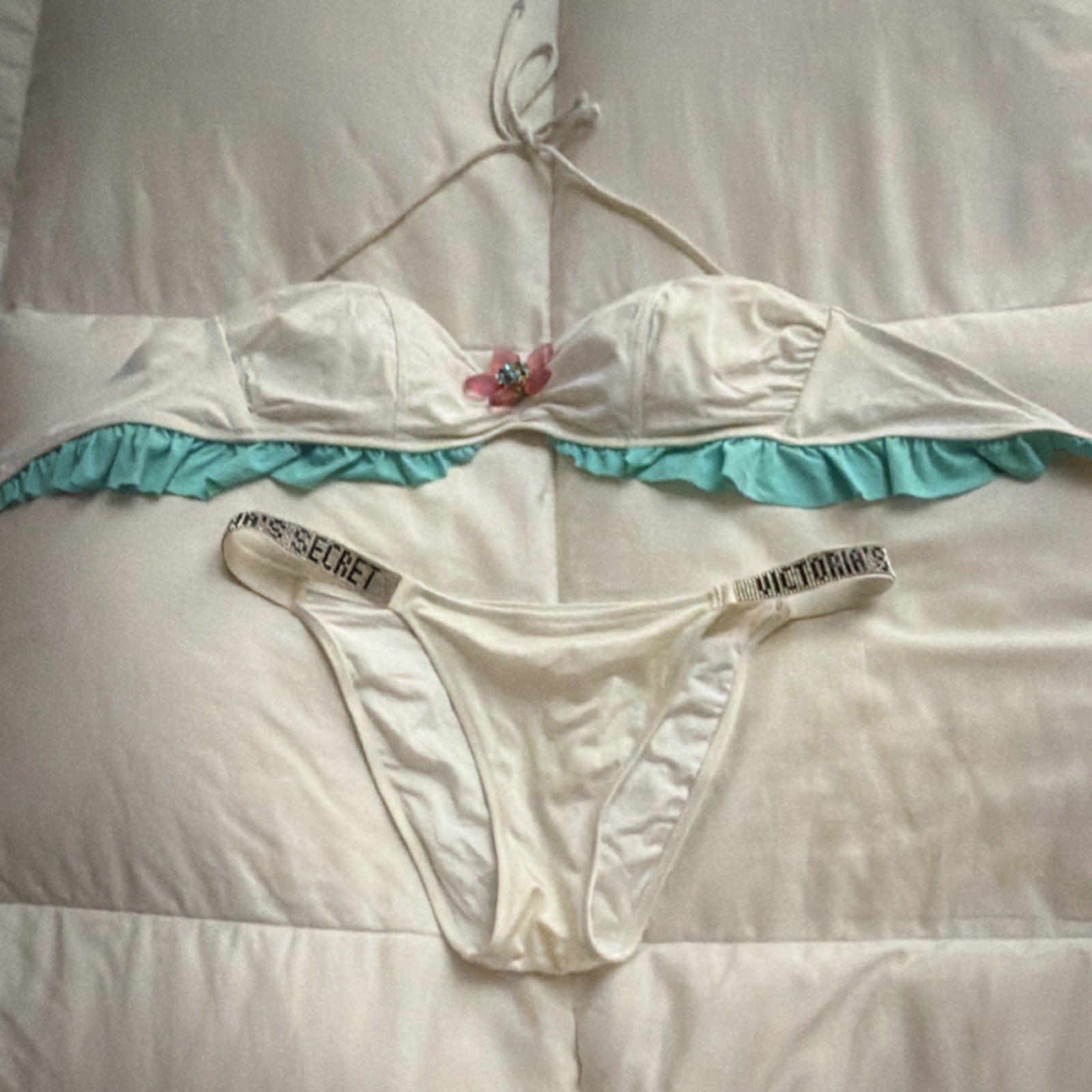 Victoria's Secret White/Blue Bandeau Halter Bikini Set Ruffle Logo B Cup M