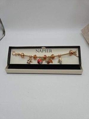NAPIER Gold Tone Fall Charm Bracelet NWT In Box Apple,Leaves,Scarecrow Charms