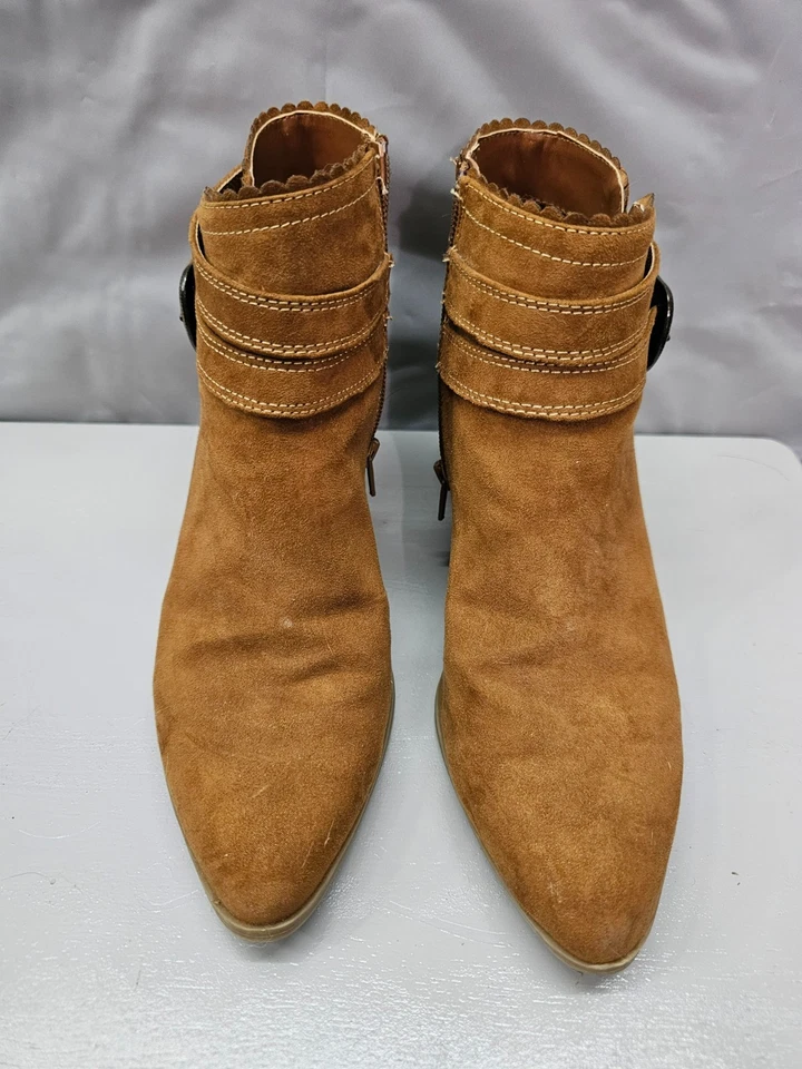 St. John’s Bay Tan Suede Ankle Booties Western Stacked Heel Zip Boot - Image 2 of 4