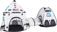 White Rocket Ship Pop Up Kids Play Tent w/ Tunnel & Playhouse Indoor Outdoor