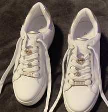 GUESS Women's White Gold Lace-Up Sneakers Heart Rhinestone Logo Accents Designer