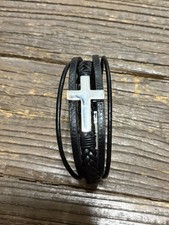 Men s Black Leather Cross Bracelet Braided Multi Strand Magnetic Clasp
