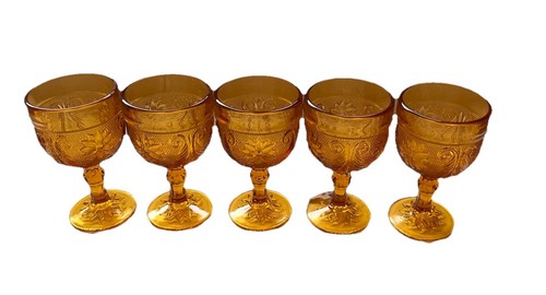Vintage Set Of 5 Amber Tiara Indiana Sandwich Cordial Wine Aperitif Goblets 3oz - Picture 1 of 6