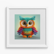 Framed Cute Yarn Owl Art Print 12x12" White Wooden Frame Nursery Kidsroom NEW