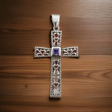 Silver Cross Pendant with Amethyst Purple Squ...