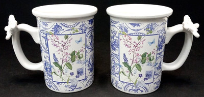 2 Hallmark Houston Harvest Coffee Tea Mugs Butterflies Lavender Blue Botanical