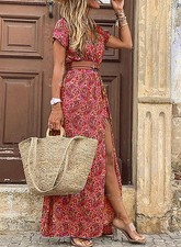 Womens Boho Floral V-Neck Maxi Dress Ladies Summer Beach Casual Holiday Sundress