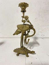 Vintage Brass Tone Bird Crane Stork on Turtle Candlestick Figural Holder