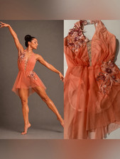 Glamour solo dance costume peach coral mesh illusion lyrcal LC-large child