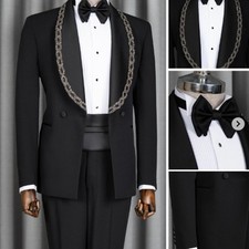 Black Men's Suits Beaded Formal Wedding Groom Tuxedo Evening Party Prom Blazer