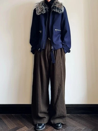 Unisex Navy Wool Jacket L Faux Fur Collar Dries Van Noten 24AW Runway Inspired