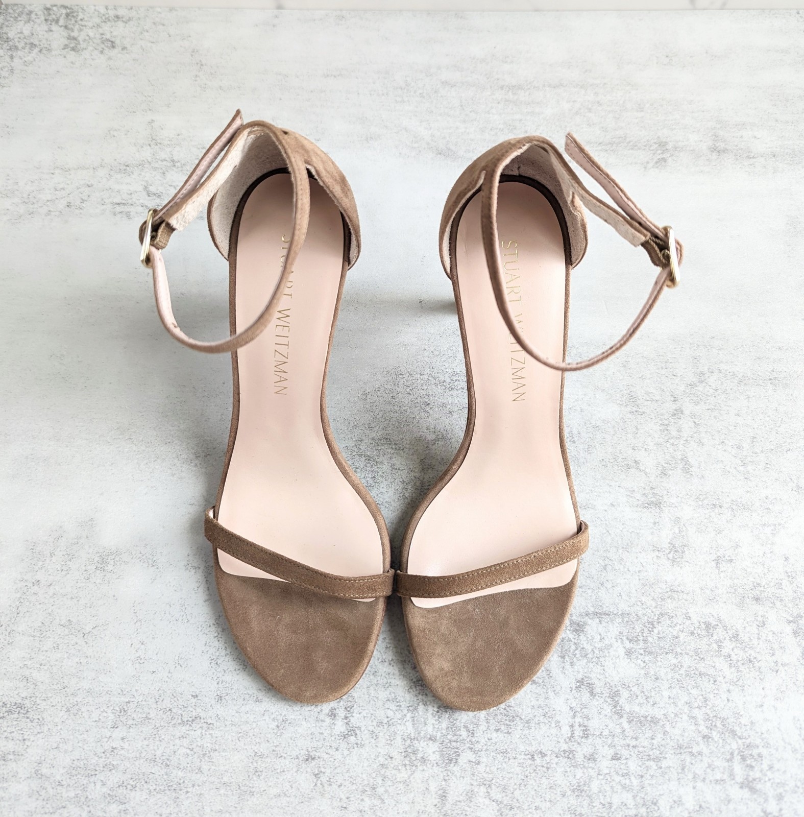 Stuart Weitzman Nudistsong Suede Shoes Size 6.5 Ankle Strap Open Toe Heel