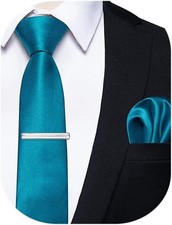 Skinny Ties for Men 2.4" Satin Slim Teal Blue Necktie with Pocket Square Tie ...