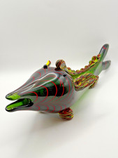 Vintage Style Art Glass Fish Ornament 35cm – Black/Red Swirl, Green Mouth