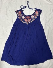 Womens SZ M ALTAR'D STATE Blue Lined Flowy Shirt Dress Flower Embroidery BOHO