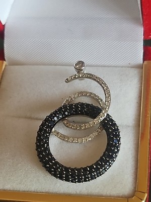 D 14K MASSIVER WEISSGOLD KREIS ECHTE DIAMANTEN & SAPHIR ANHÄNGER 1,4'' 