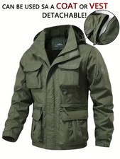 Detachable Windproof Hooded Jacket, Men's Casual Waterproof Multi Cargo Jacket