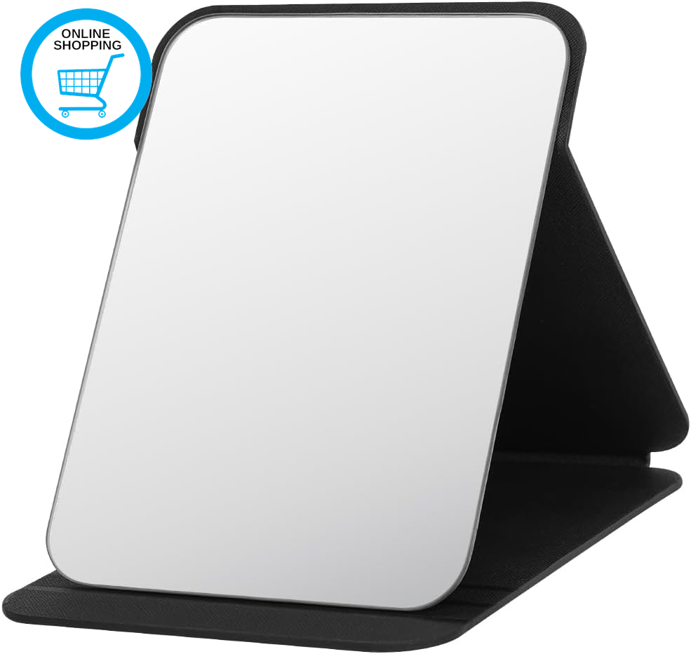 Folding Tabletop Mirror, 25.5 * 18Cm Black PU Leather Portable Travel and Deskto