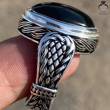 Rare Black Agate Aqeeq Ring Handmade 925 Sterling Silver Vintage Muslim Gift