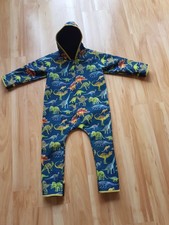 Softshellanzug mit Dino-Muster (blau/bunt, selbstgenäht, Gr. 80-86)
