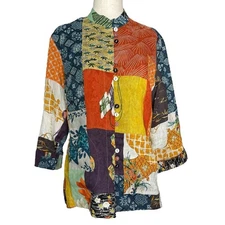 Citron Santa Monica Patchwork Asian Print Button Front Top High Neck Silk Linen