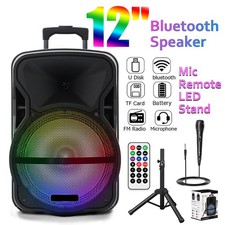 12" Bluetooth Speaker w/ Stand Wired Mic Remote LED Heavy Bass for Party Karaoke