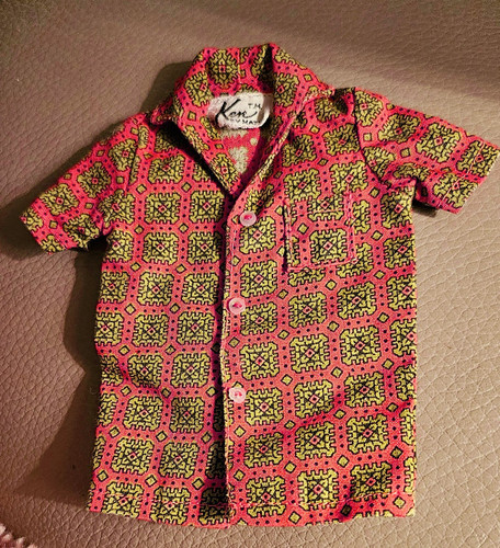 Vtg KEN'S 1960's Sport SHIRT MCM print BARBIES Boyfriend Red & Green - Picture 1 of 4
