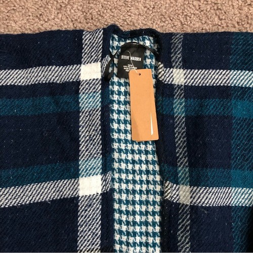 Steve Madden Poncho Pullover Damen Strick blau kariert Hahnentritt Fransen - Bild 9 von 11