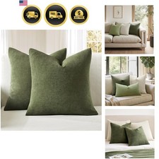 Olive Green Couch Pillow Covers 18x18 Inch Set of 2 Plush Chenille Decorative...