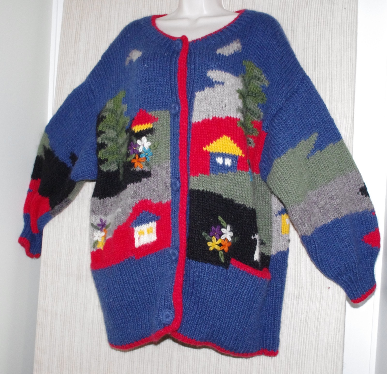 Hand Knit 100percent Wool Multi Colored Sweater Floral Heavy Cardigan Women's Jacket