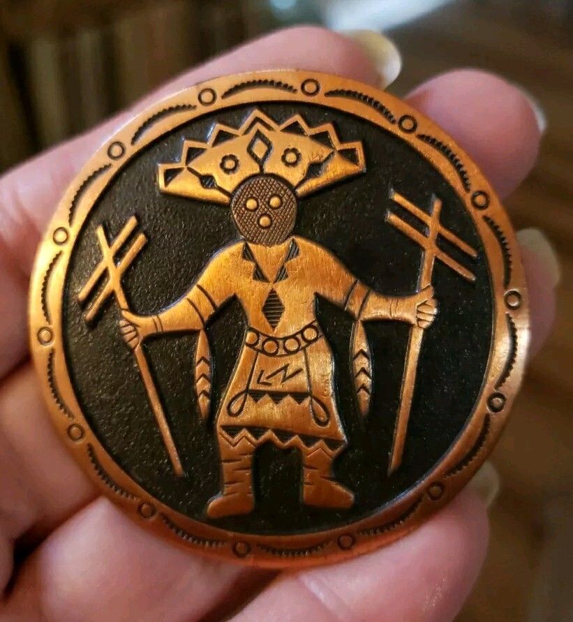 Vintage Solid Copper Brooch Native American Kachi… - image 1