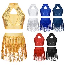 UK Girls Dance Outfits 2Piece Sequined Crop Top w/Fringe Shorts Modern Jazz Set