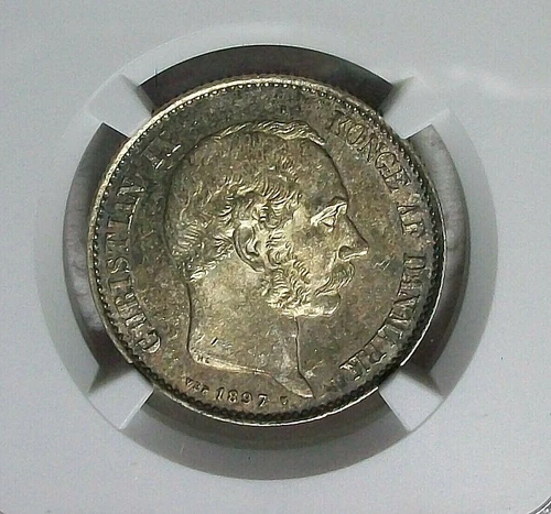 1897 HC-VBP DENMARK CHRISTIAN IX SILVER 2 KRONER NGC MS-62 KM798.2 31mm.