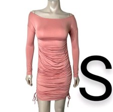   Pink Long Sleeve Off Shoulder Ruched Drawstring Ties Mini Dress SIZE S