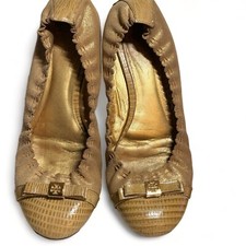 Tory Burch Women's Size 8 Gold Leather Slip On Bow Ballet Flats EUC