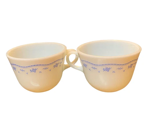 VTG Pyrex Coffee Mug Tea Cup Morning Blue Flowers Tempered Milk Glass Set Of 2