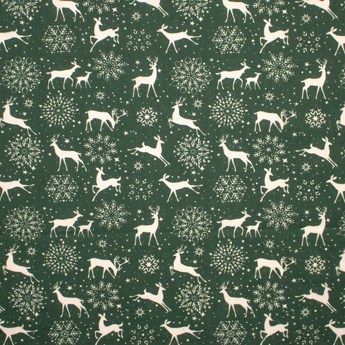 Christmas Polycotton Fabric Material Reindeer & Snowflakes on Green - Picture 5 of 32