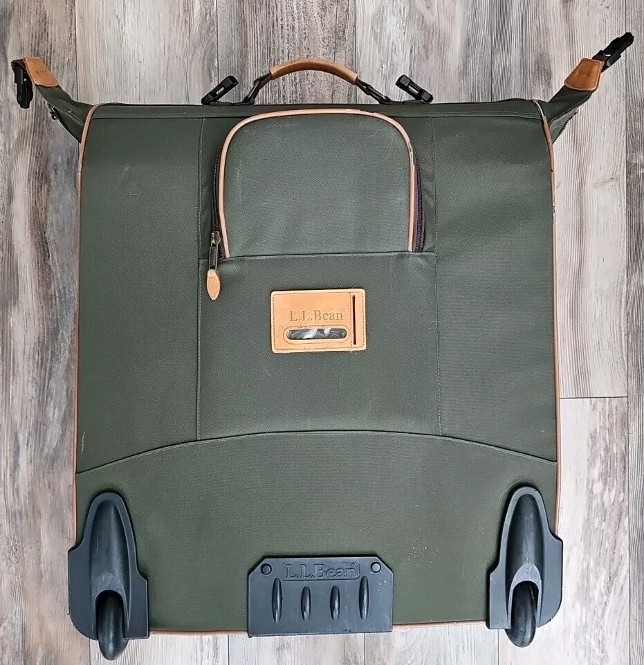 LL Bean Large Green Rolling Garment Bag Leather Trim Suitcase Bag 24