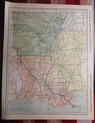 1902 Train Route Map ARKANSAS Mississippi LA all Railroad Lines Stations 11×9'' 