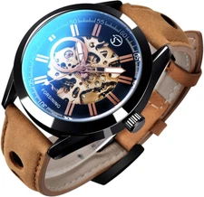 Mens Skeleton Analog Automatic Mechanical Watch With Casual Brown Leather