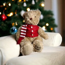 FAO Schwarz Tan Brown Teddy Bear with Scarf and Red Puffer Vest 2018 12" Sitting