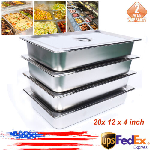 4 Pack Stainless Steel Pans Steam Table Pan with Lid Food Pan Commercial Hotel