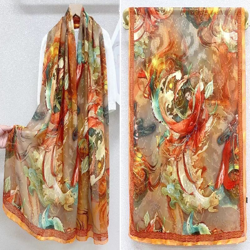 Thin National Style Printed Long Scarf Shawl Versatile Sunscreen Silk Scarf