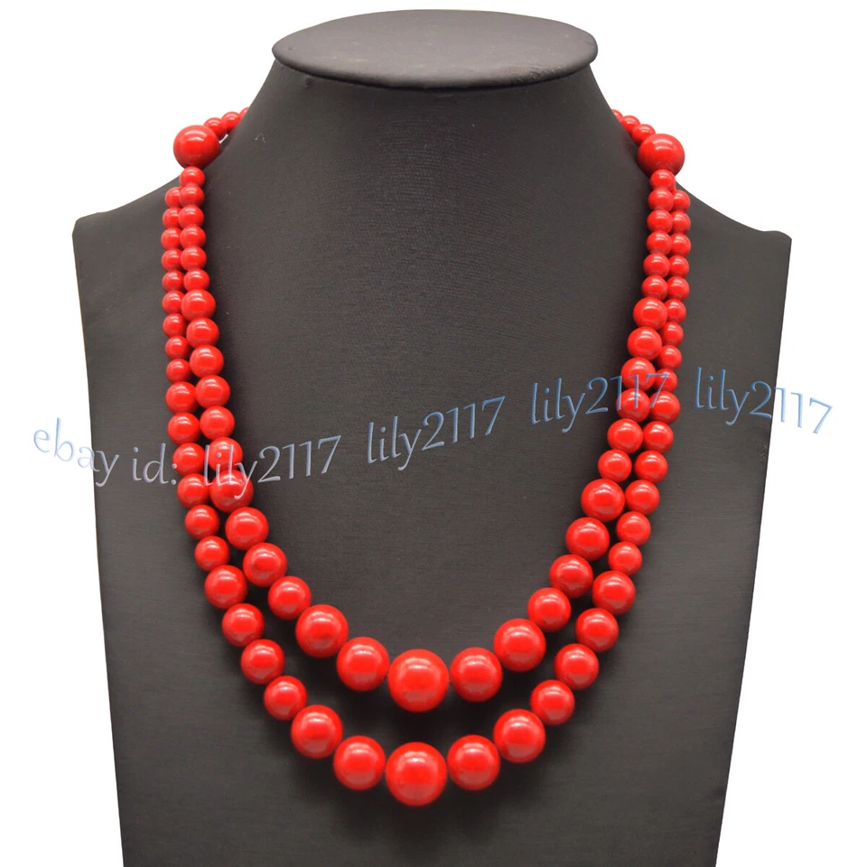 Collar de cuentas de piedras preciosas redondas de coral rojo del Mar del Sur natural de 2 filas de 6-14 mm 18-20"" Foto 2 de 4
