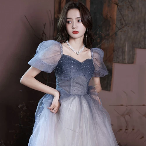 Damen Farbverlauf Netz Kleid Perlen Dekor Puffärmel Abendkleid Prinzessin glänzend - Bild 5 von 13