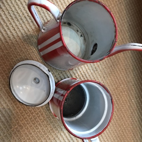 2 HANDLES. REDDISH-WHITE STRIPE cafetierre french enamelware coffee biggin. - Picture 6 of 10