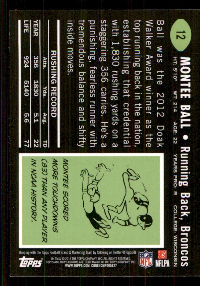 2013 Topps Chrome 1969 #12 Montee Ball - Image 2 of 2