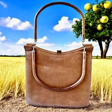 Vintage 60's Tan Brown Leather Handbag Purse with Covered Metal Handles as is