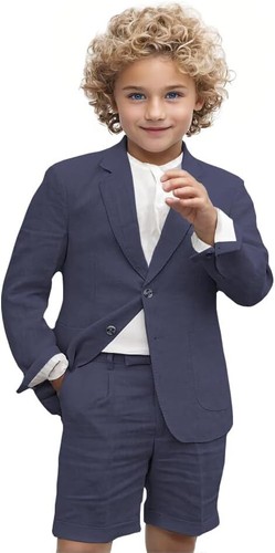 Boy Linen Suit Set 2 Pieces Blazer Short Pants Summer Outfit Wedding Ring Bearer - Picture 32 of 40